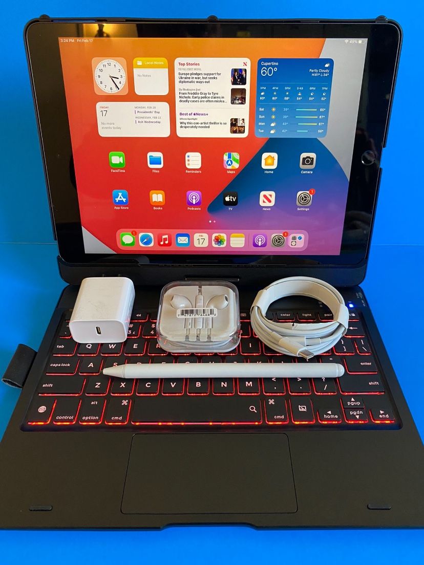 Apple IPad 9th Generation (10.2” Retina /Touch ID /IOS 17/ 2021 Model) 64GB with Pen, Keyboard & Accessories