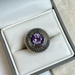 925 Sterling Silver Round Purple Amethyst Puffy Ring