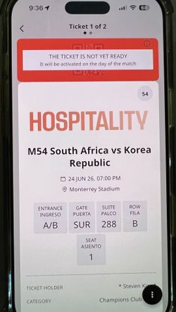 2 Tickets Korea vs South Africa FIFA World Cup Tickets