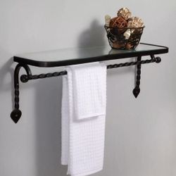 BRAND NEW IN BOX, Matte black handcrafted finished wrought iron towel bar with glass shelf.