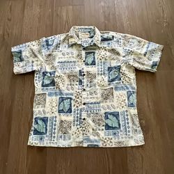 Vintage-Inspired Blue & Cream Hawaiian Button-Down Shirt - Men