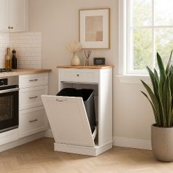 Out Trash Cabinet Freestanding Kitchen Hidden Trash Bin Cabinet with Hideaway Drawer Pet Proof Trash Can Holder for Kitchen Living Room, White