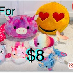 $8 For All bundle of Girly 😍Plushies total of 7 3 Squishmallows and Sea creatures & Emoji Pillow 😍