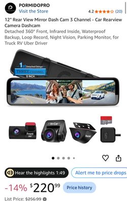 12" Rear View Mirror Dash Cam 3 Channel - Car Rearview Camera Dashcam Detached 360° Front, Infrared Inside, Waterproof Backup, Loop Record, Night Visi