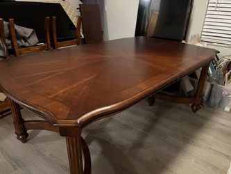 Beautiful Wood Inlay Dining Set – Table + 6 Chairs + Leaf – $450