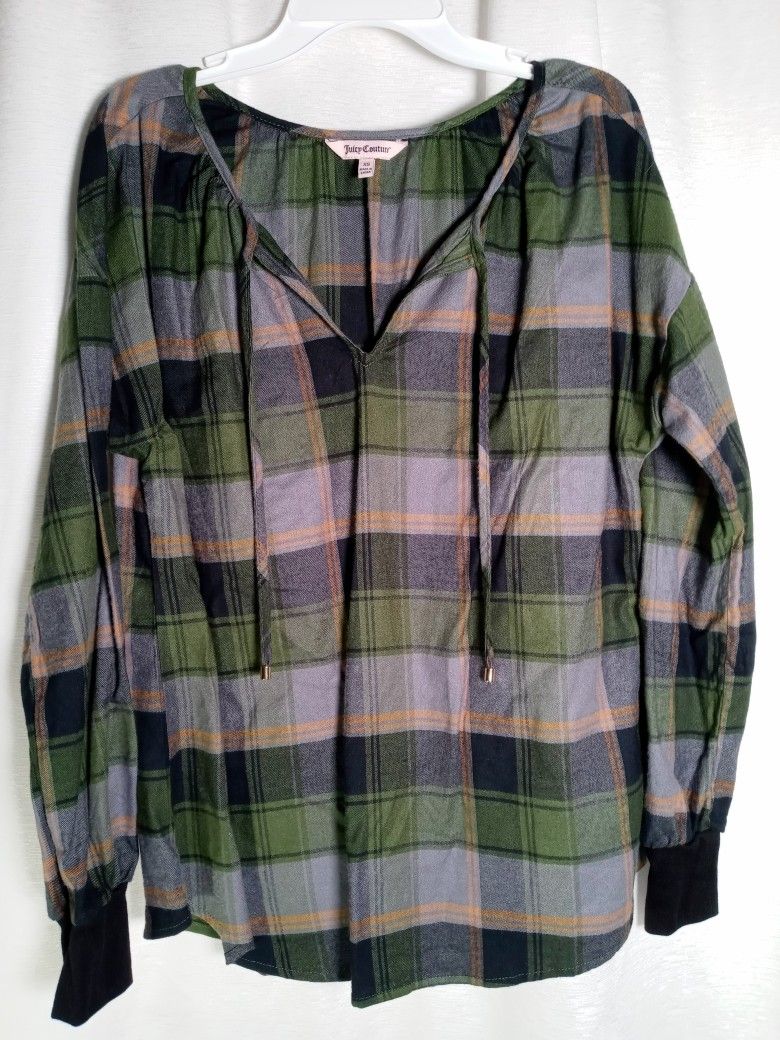 XSmall Juicy Couture Women's Gray Black Long Sleeve Plaid Flannel Shirt Winter
