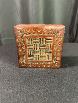 Vintage Folk Art Wooden Box Inlay Brass Jewelry Small Square Hinged Made in Poland Weaved Design Trinket Stash Box Retro Brown Polish Decor