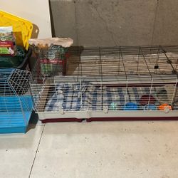 Large And Small Guinea Pig cage, pellets, and hay