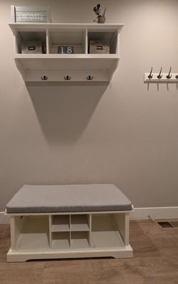 White Entryway Bench Set with Cushion & Matching Wall Hanging Shelf / Coat Rack