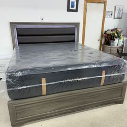 King Bed Frame + Novaform Mattress + Boxspring $1400 - LED Headboard, USB