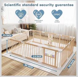 T) 84” × 56” Wooden Foldable Playpen with Toys, 10-Panel Adjustable Size & Shape, Natural Pine Wood, Safety Lock — $38 — Item No.: C00733-D