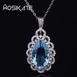 925 Sterling Silver Natural Blue Topaz Teardrop 39x20mm  Pendant Necklace  [PEN254]