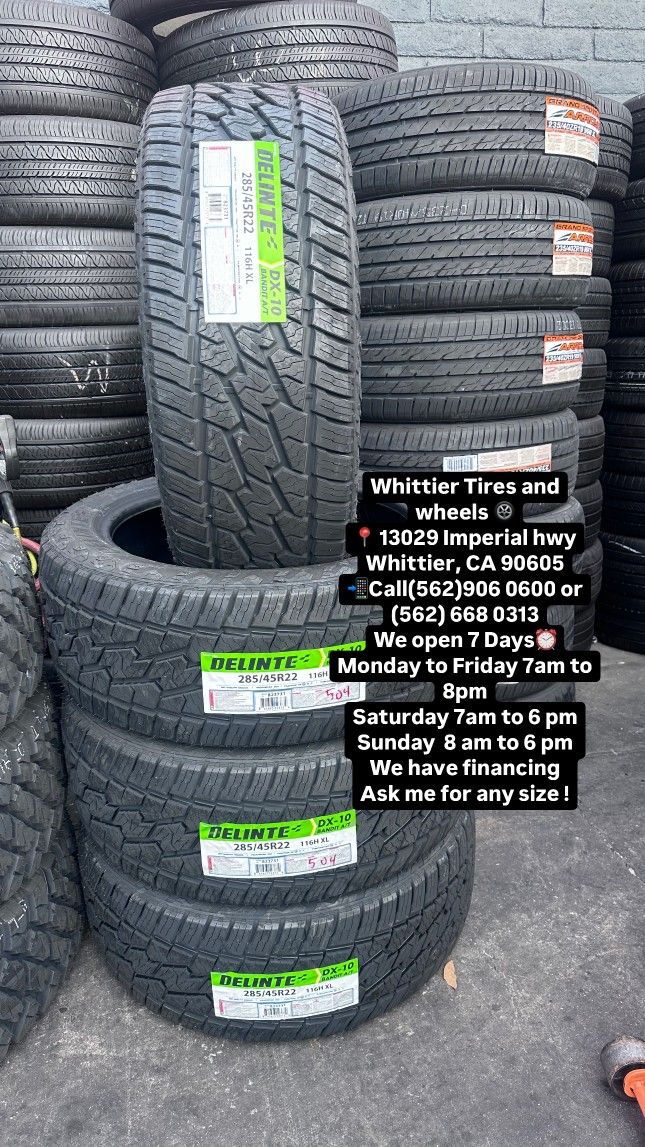 SET OF NEW TIRES, 285/45R22 DELINTE , INCLUDING MOUNTING AND BALANCING. ASK ME FOR ANY SIZE OR BRAND, LLANTAS NUEVAS
