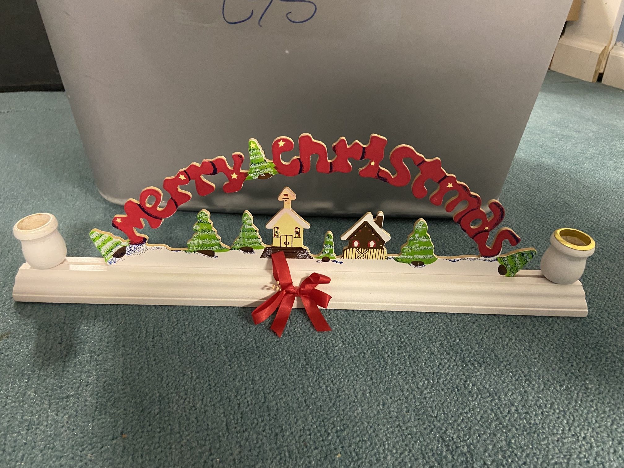 Merry Christmas wooden candle holder mantel display centerpiece