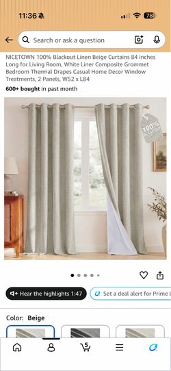 NICETOWN 100% Blackout Linen Beige Curtains 84 inches Long for Living Room, White Liner Composite Grommet Bedroom Thermal Drapes Casual Home Decor Win