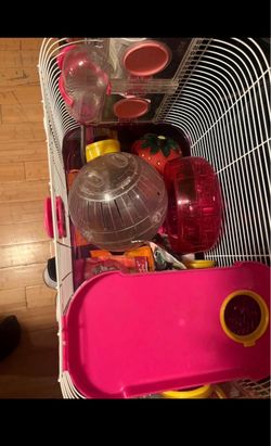 Pink Hamster cage, along with pet food and treats, play items aswell