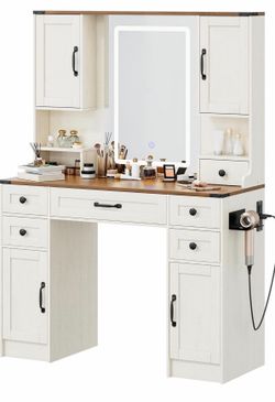 NUNU LAB 42 Inchs Large Vanity Desk with Mirror and Lights 6 Drawers and 4 Cabinets, Big WomenBrown