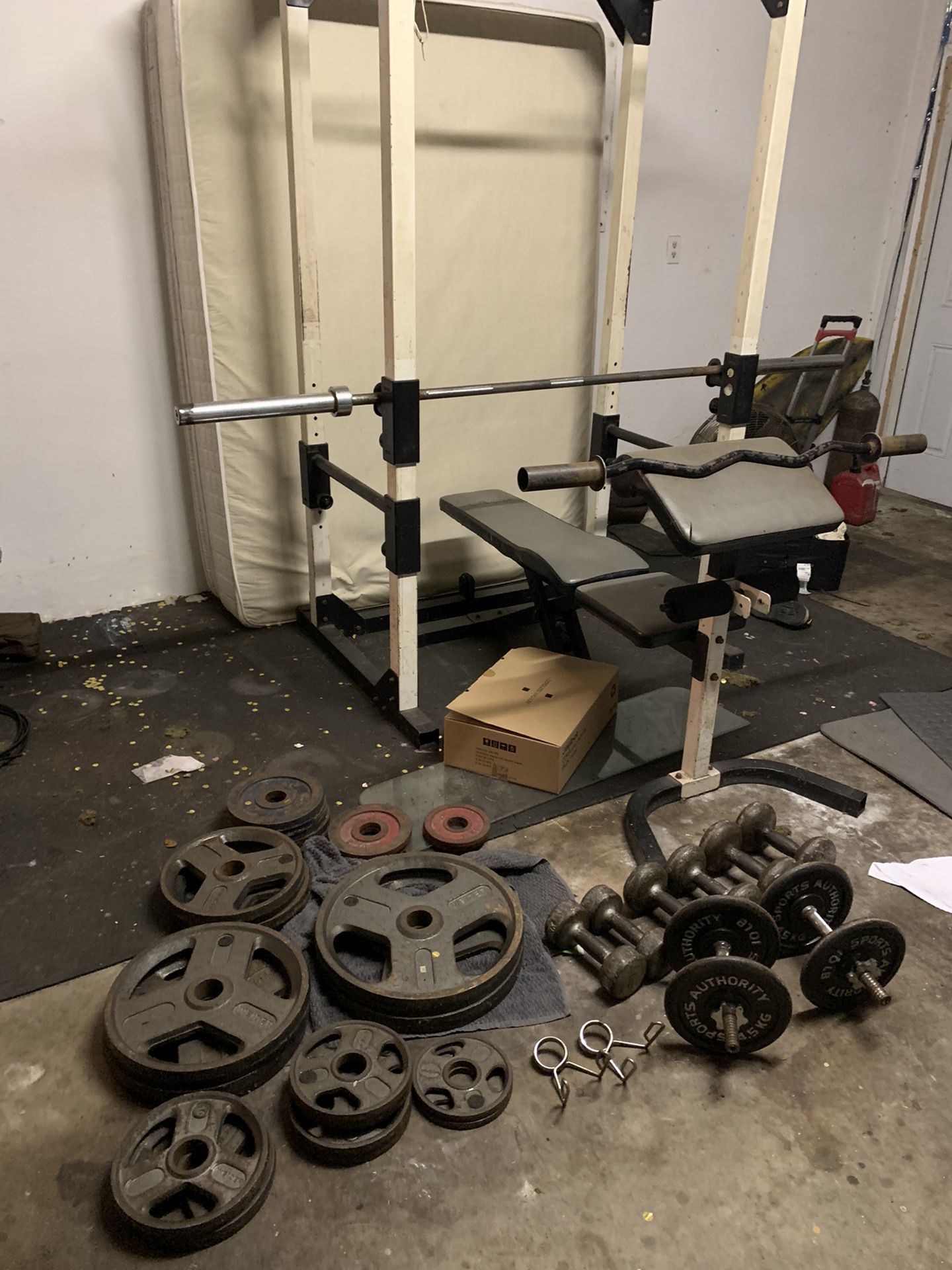 Club/weider 585 squat/bench rack and weights