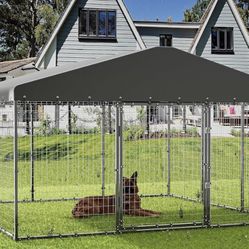 Large Outdoor Dog Kennel,W 118" x D 118" x H 70" with Fully Covered Roof,Rustproof Outdoor Dog Fence with Double Security Locks,UV and Waterproof Cove