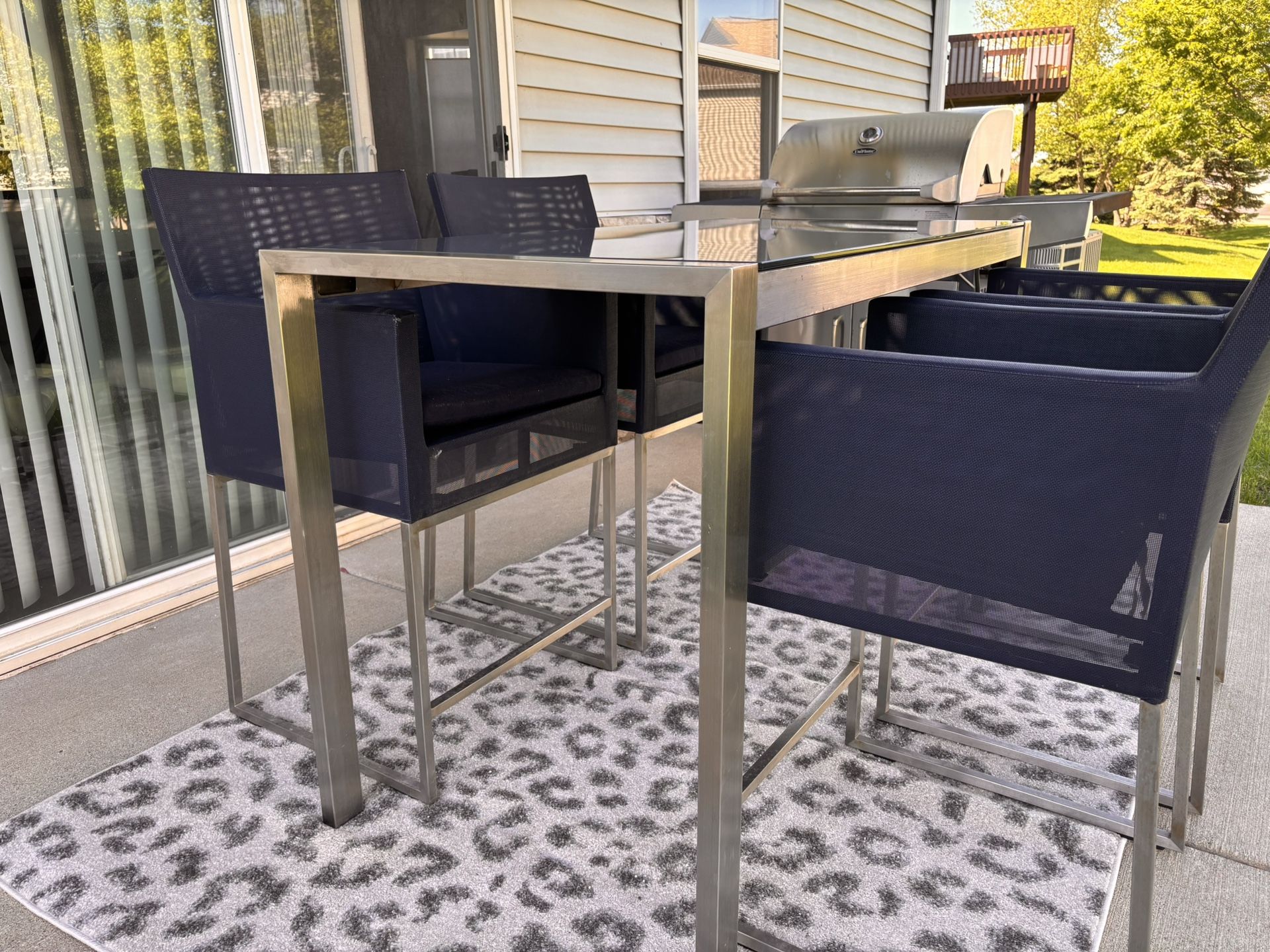 Crate & Barrel | Dune High Top Glass Dining Table Set w/ Navy Blue Cushions (Delivery for fee)