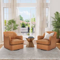 Modern Genuine Leather 360° Swivel Upholstered Accent Barrel Chair