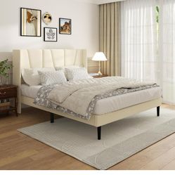 Sismplly Queen Bed Frame with Headboard, Velvet Upholstered Queen Size Platform Bed with Wingback, Mattress Foundation with Wooden Slat Support, No Bo