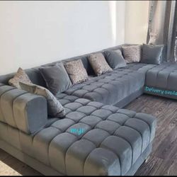 Brand New/ Gray Velvet Double Chaise Sectional, Seccional, Couch// Delivery Available 