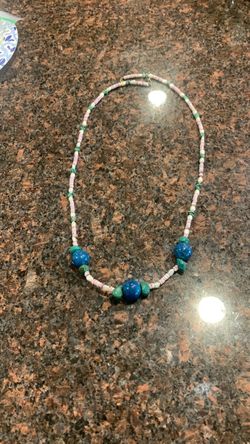 Long Beach necklace pearls shells turquoise don’t know what blue stone is