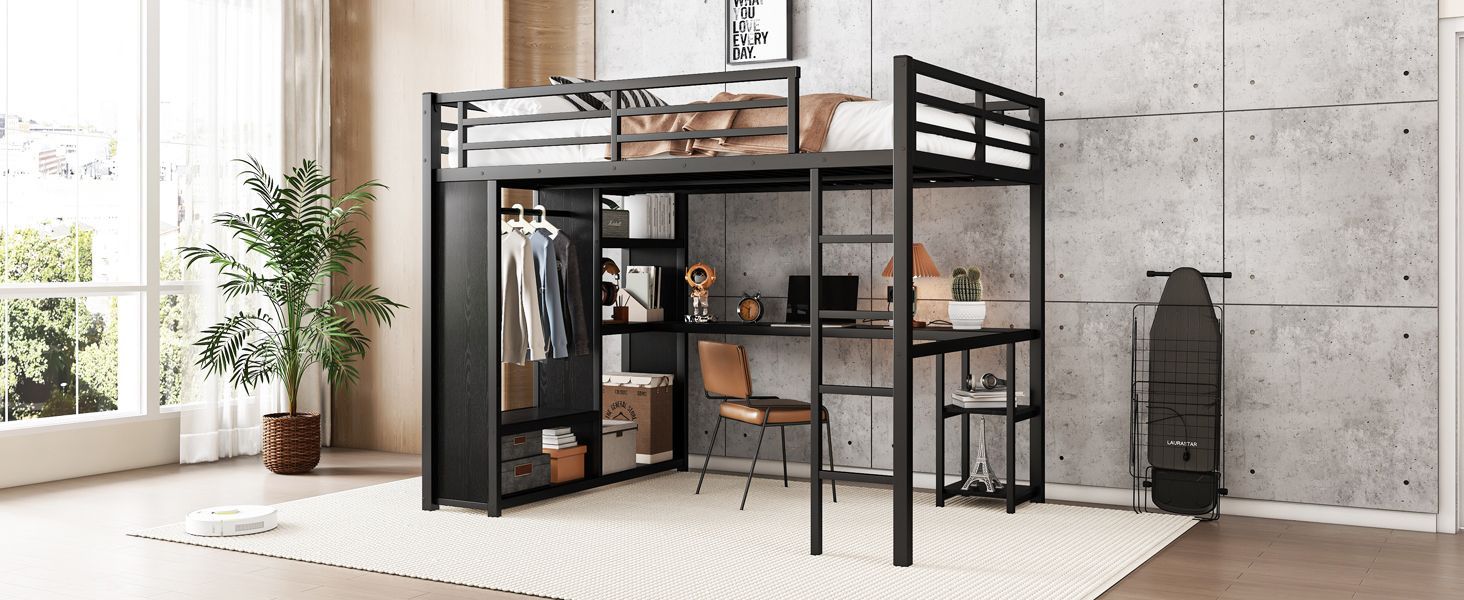 Queen Size Loft Bed Frame with Built in Wardrobe, Metal Loft Bed