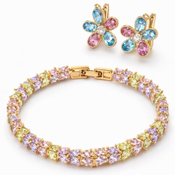 Elegant Gold Jewelry Set – Colorful Stone Bracelet & Flower Earrings ✨
