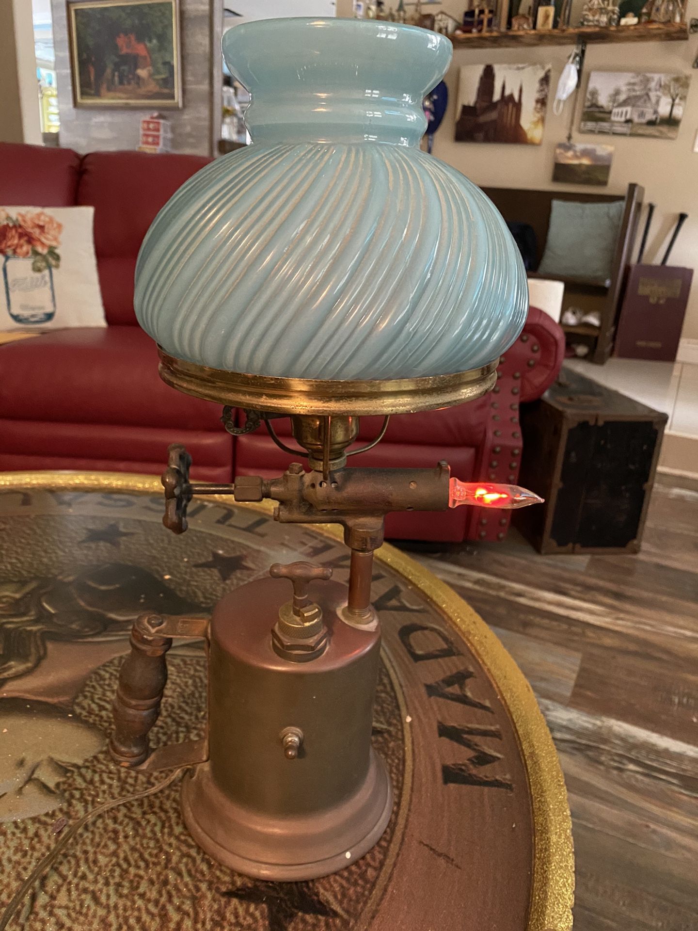 Vintage Blow Torch Table Lamp 1930-40’s Blue Vintage Glass Shade And Flickering Torch Light! $160. OBO