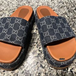 GUCCI Blue Angelina Logo-jacquard Organic Denim Platform Sandals