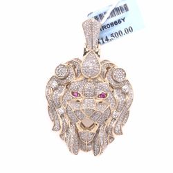 Gold Diamond Ruby Eyes Lion Pendant 10K New 