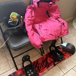 Kids Snowboard, Helmet, Goggles And Large Jacket. 