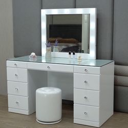 New Glass Top Make Up Vanity Desk With Mirror And Lights 
