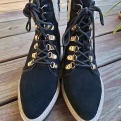 Cecelia New York Black Brushed Leather Tie Boots Side Zipper 6.5