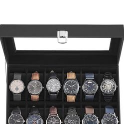 SONGMICS Caja de reloj, caja de reloj de 12 ranuras con tapa de vidrio grande, almohadas extraíbles para reloj, organizador de caja de reloj, regalo p