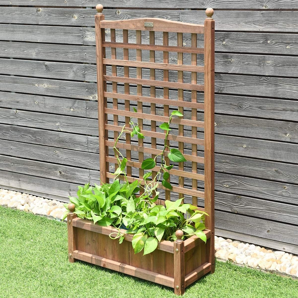 Wood Planter Free Standing Plant Raised Bed with Trellis for Garden or Yard (25’’LX 11’’WX 48’’H)