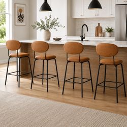 Set of 4 Cognac Faux Leather Counter Height Bar Stools with Backrest