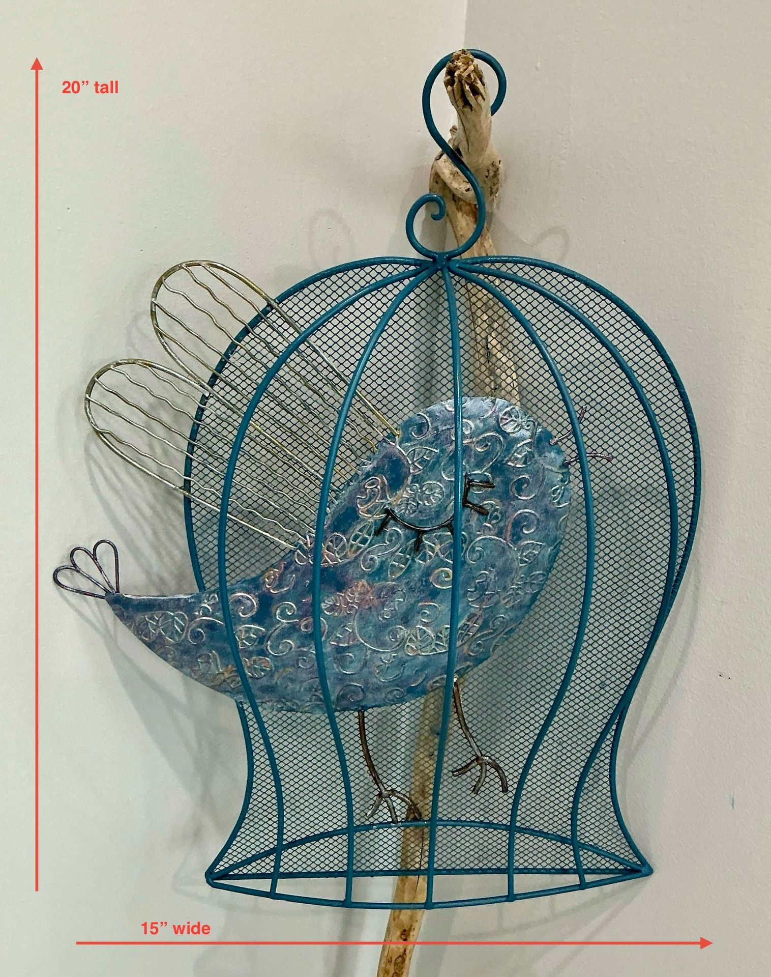 One of a Kind Hand Painted Hanging Metal Bird in a Birdcage