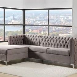 Brand New Reversible Grey Velvet Sectional with Storage Chaise
