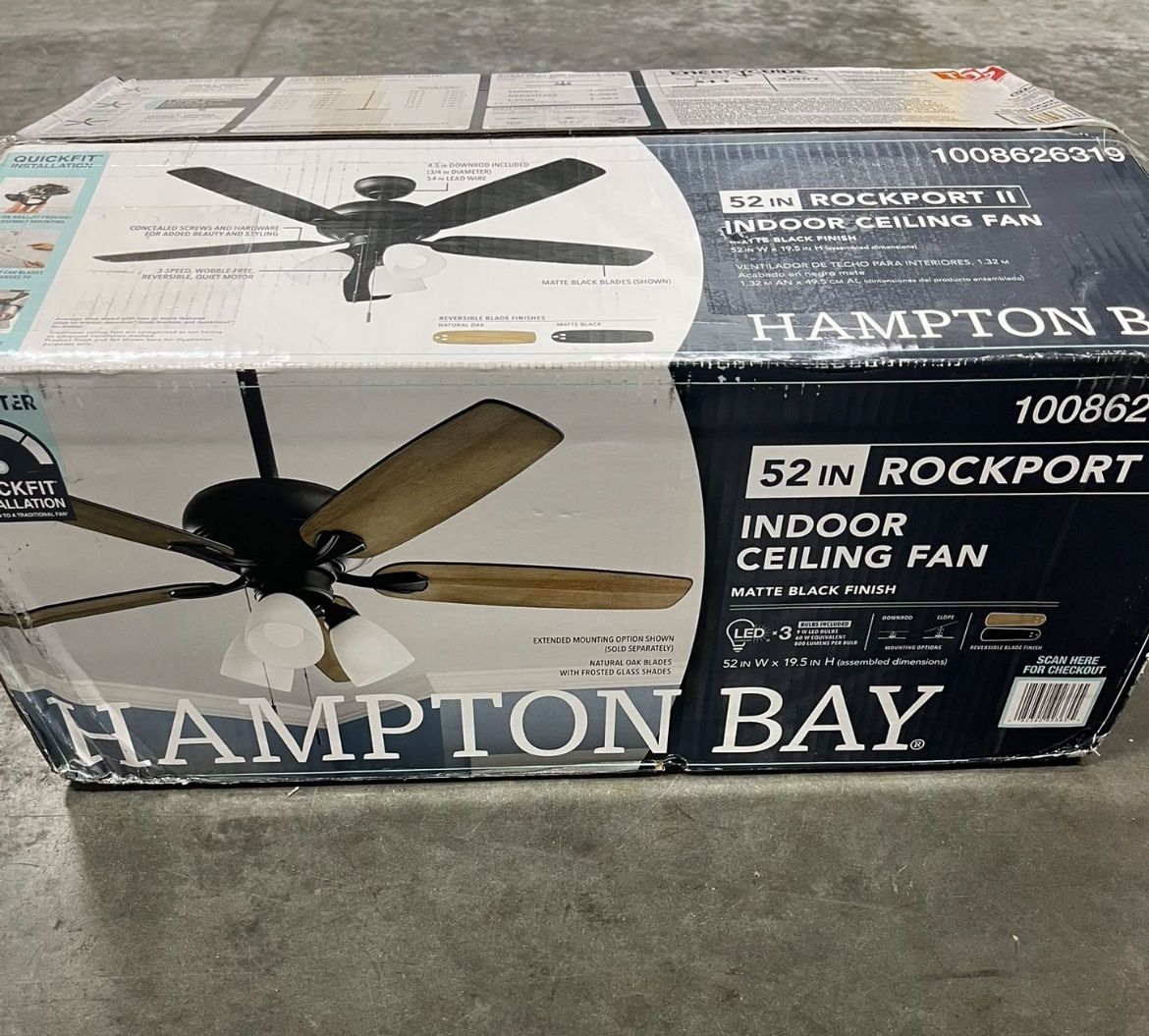 Hampton Bay Rockport II 52 in. Indoor Matte Black LED Ceiling Fan with Light kit