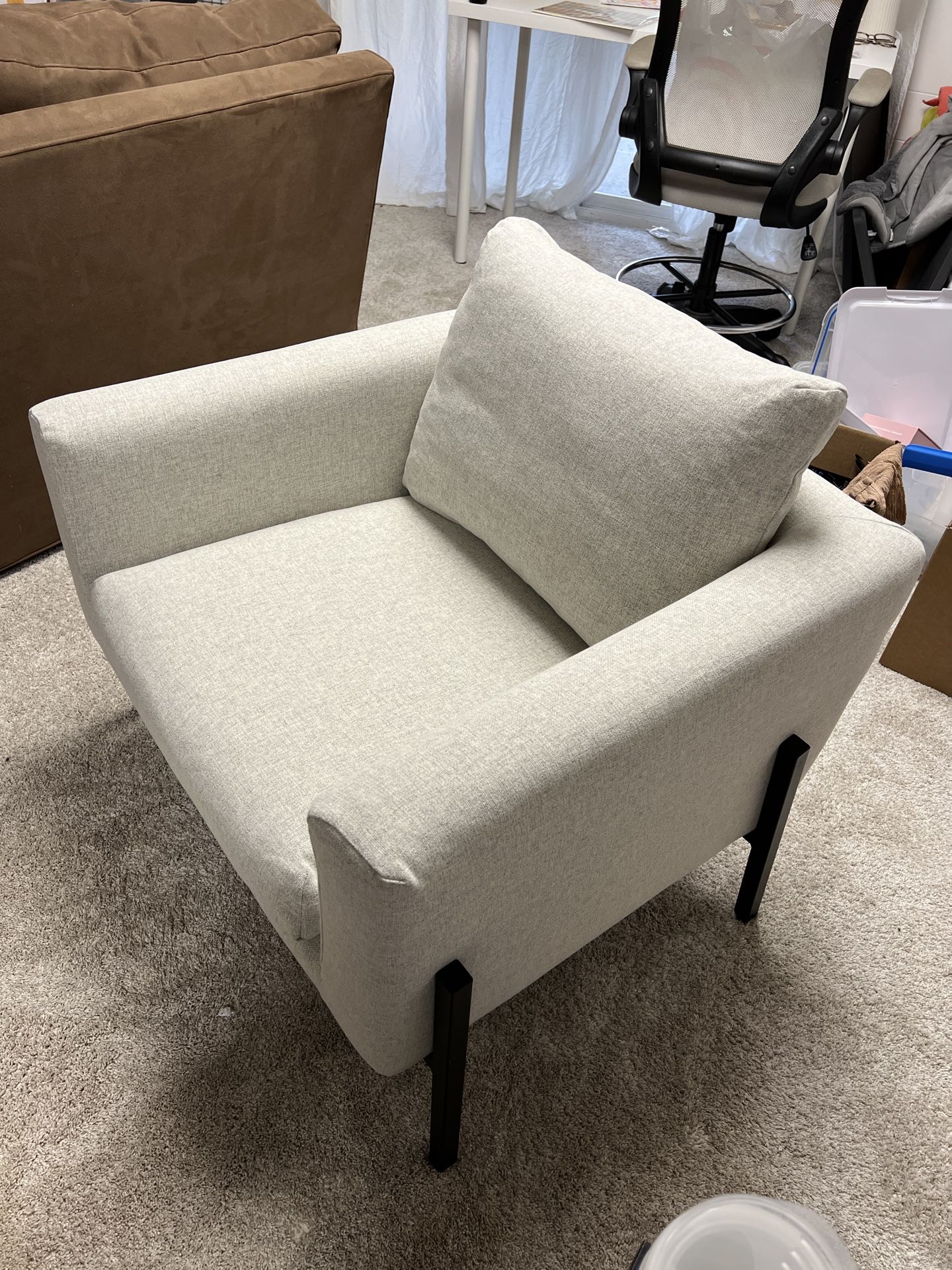 Neutral Modern Accent Chair, Black Metal Legs