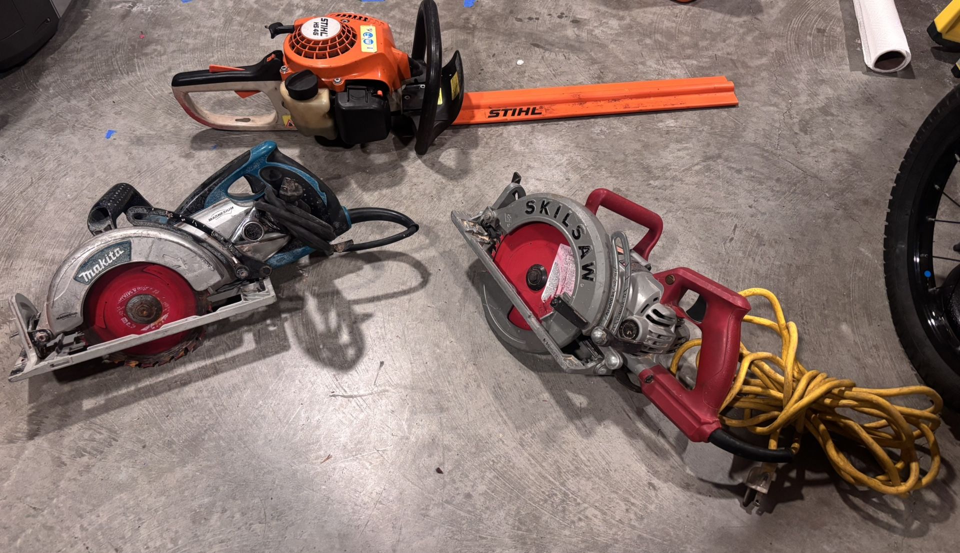 7‑1/4" Magnesium Hypoid Saw, SKIL 15 -Amp 7-1/4-in Worm Drive Circular saw, STIHL HS 45 18 in. Gas Hedge Trimmer