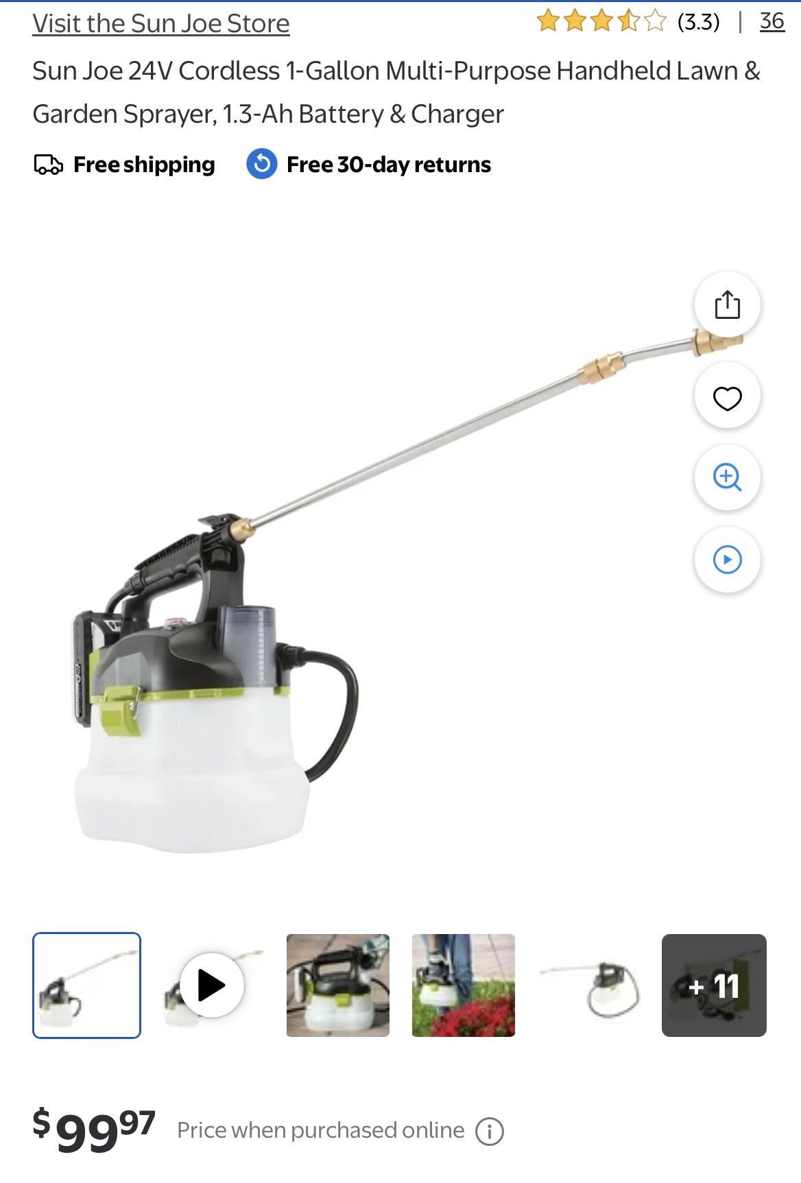 Sun Joe 24V Cordless 1-Gallon Multi-Purpose Handheld Lawn & Garden Sprayer, 1.3-Ah Battery & Charger
