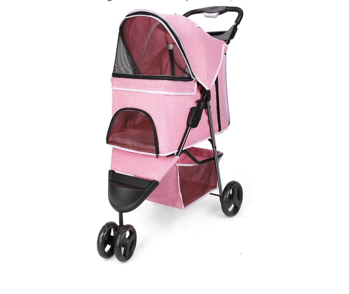 Dog Stroller, Pet Stroller for Small Dogs Cats, Up to 33 LBS with Storage Basket & Cup Holder, Pink