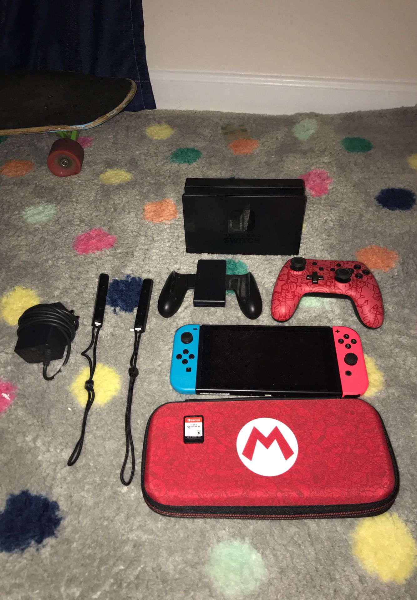 Nintendo Switch With Charger, JoyStick Holder, Nintendo Controller, Tv Screen Dock, Nintendo Switch Protective Case. Supper Smash Bro’s Ultimate, Arm