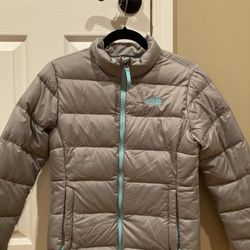 Girls North Face Winter Jacket Gray with Light Blue Size Large