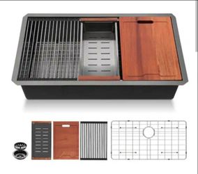 Lordear 28 in. Gunmetal Black Single Bowl Undermount Workstation Kitchen Sink 16-Gauge Stainless Steel with Cutting Board