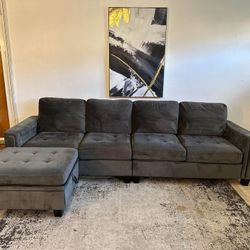 Gray Velvet 4-Seater Sectional Sofa with Ottoman Storage